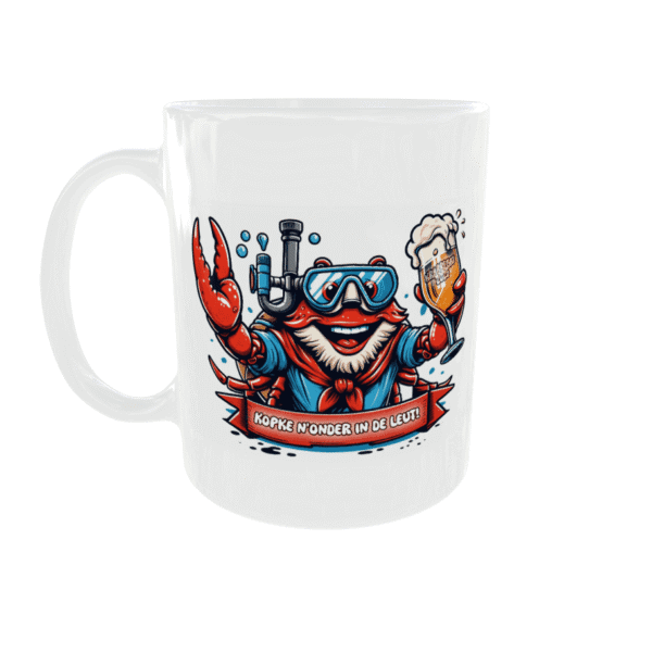 Mok met grappige onderwater kreeft en uitdrukking, perfect voor drinkliefhebbers en design fans.
