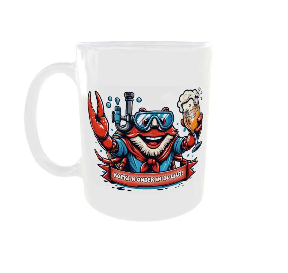 Mok met grappige onderwater kreeft en uitdrukking, perfect voor drinkliefhebbers en design fans.