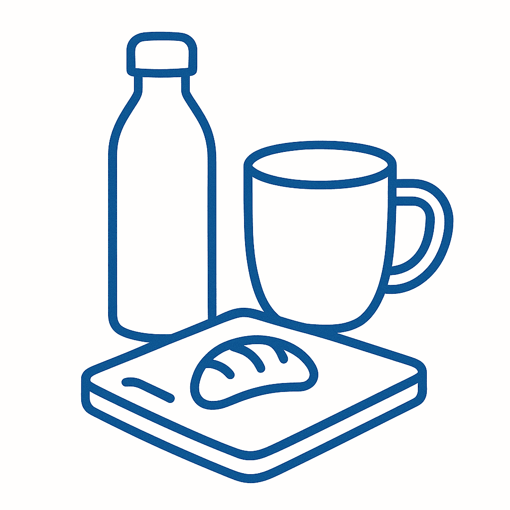 Eenvoudige lijntekening van een fles, kopje en brood op snijplank, geschikt voor keuken- of voedselgerelateerde websites.