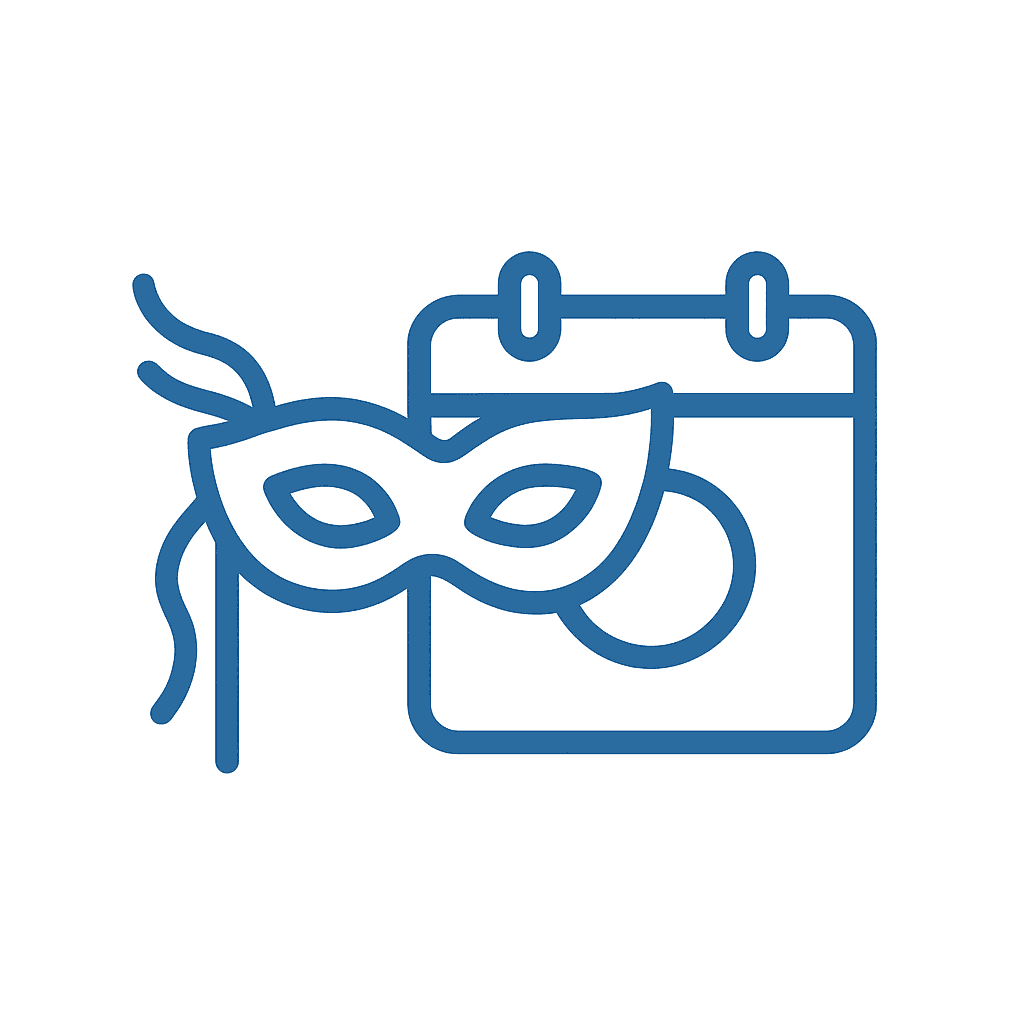 Duidelijke lijntekening van een feestelijk carnaval masker en een locatiekaartje, geschikt voor evenementen en feestdecoratie.