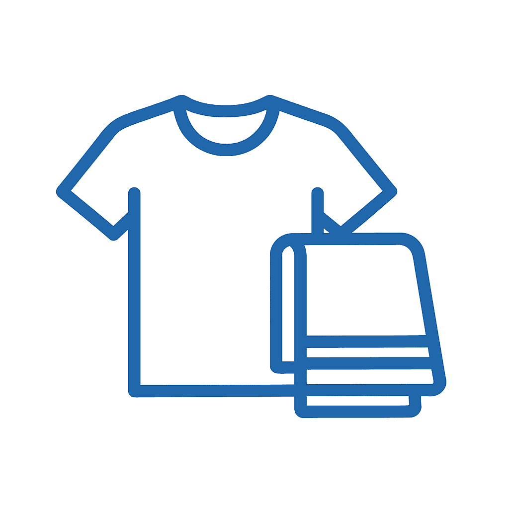 Alt tekst: eenvoudige illustratie van een T-shirt met een stapel handdoeken ernaast.