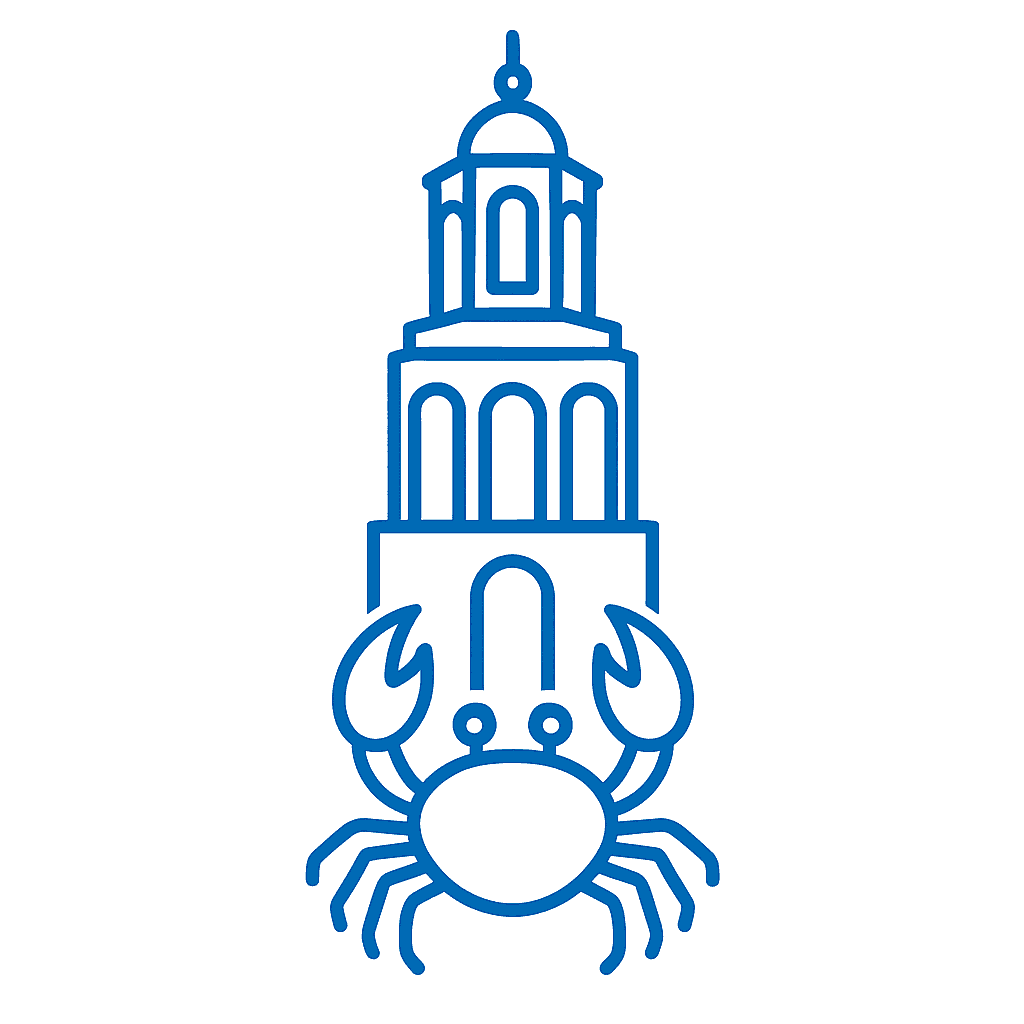 Alt: Moderne stalen illustratie van een gebouw met een schildpad en krab, geschikt voor branding en grafisch ontwerp.