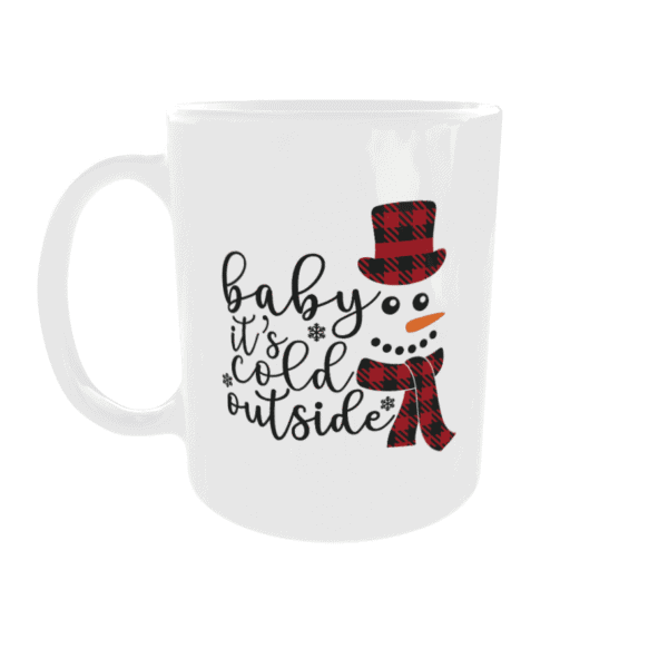 Mok met sneeuwpop en tekst 'baby it