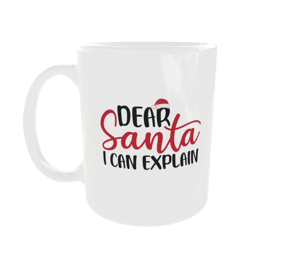 Mok met feestdagen tekst 'Dear Santa, I can explain' en kersthoed, geschikt voor kerstcadeau.