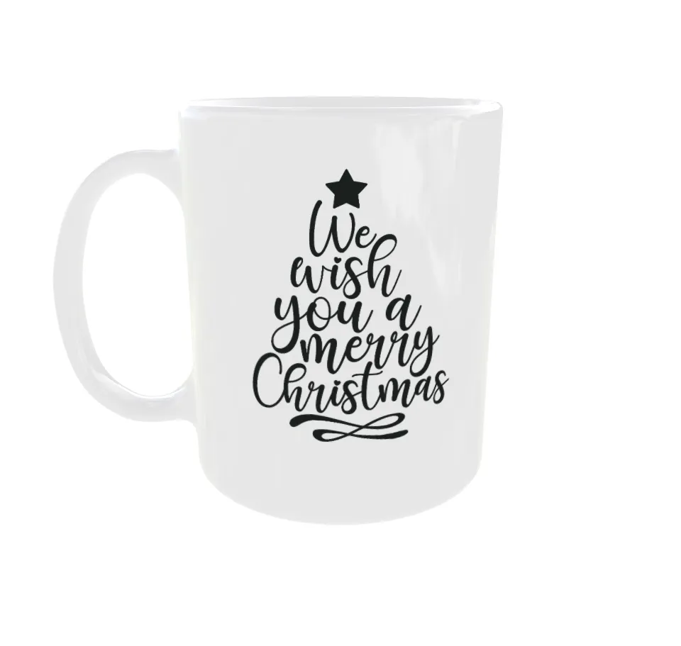 Alternatief tekst: Wit kerstdesign mok met zwarte tekst en ster, feestelijke sfeer.